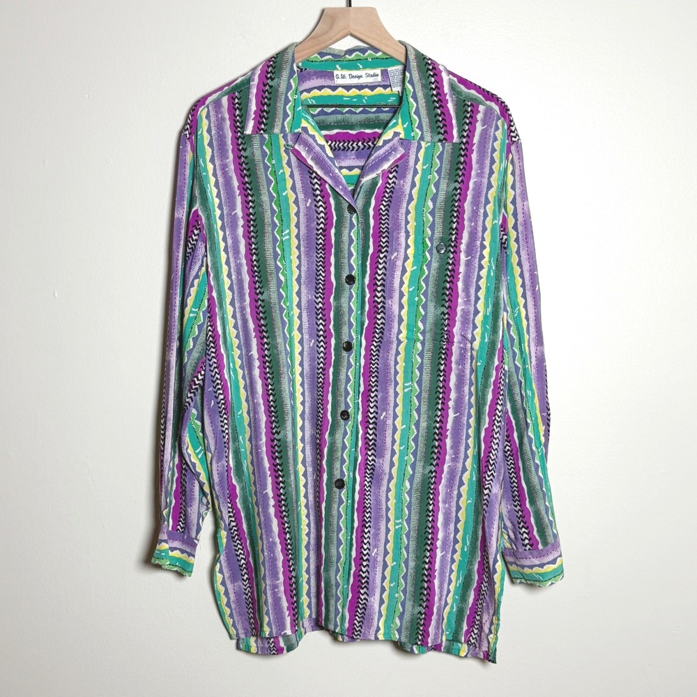 G.W. Design Studio VTG 100% Silk Blouse Purple Green Geometric Stripe Large‎